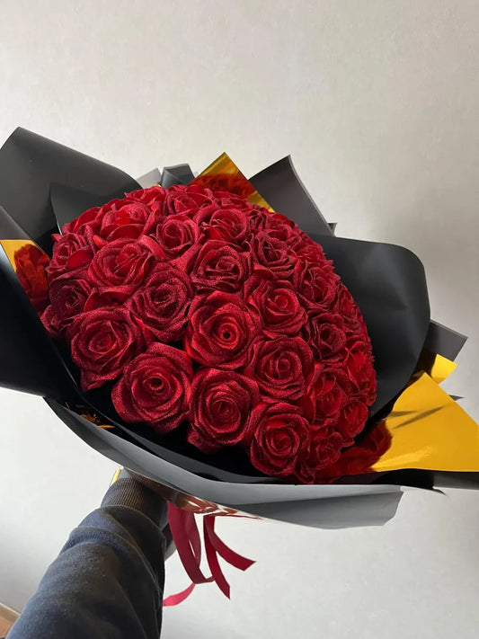 Custom Red Eternal Rose With Glitter, Bouquet of Artificial Flowers, Customizable Ramo Buchon, Satin Ribbon Rose, Everelasting Flower